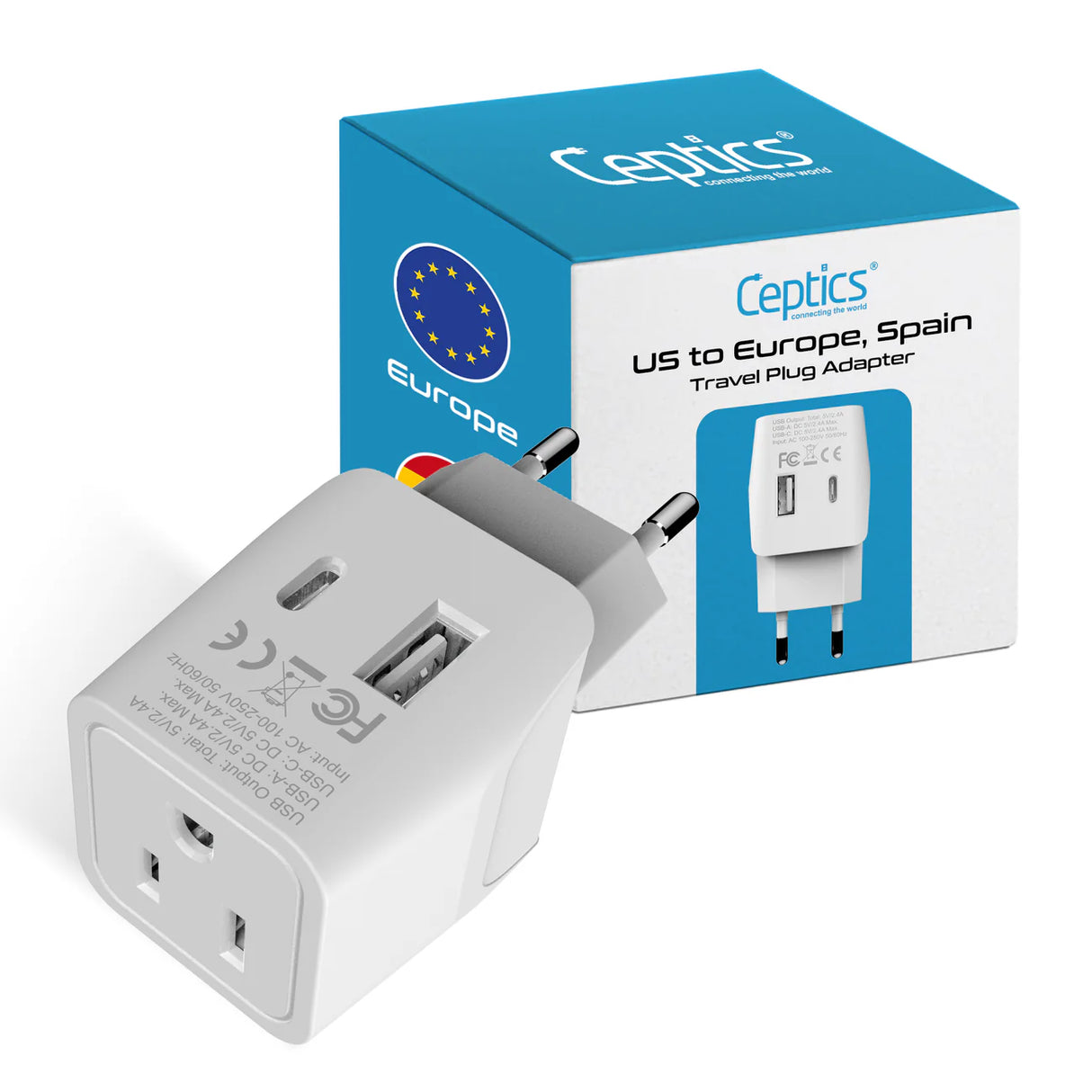 Ceptics European Travel Plug Adaptor Type C-Dual USB