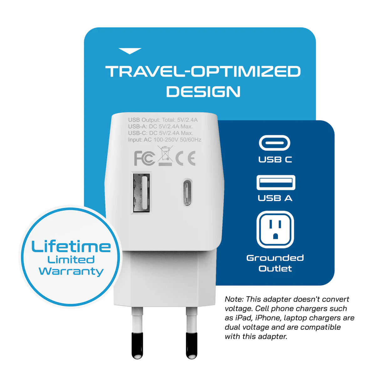 Ceptics European Travel Plug Adaptor Type C-Dual USB