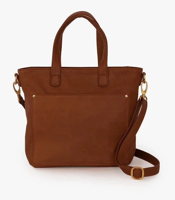 A brown leather tote bag with dual top handles, a front slip pocket, and a detachable shoulder strap, shown on a plain white background.