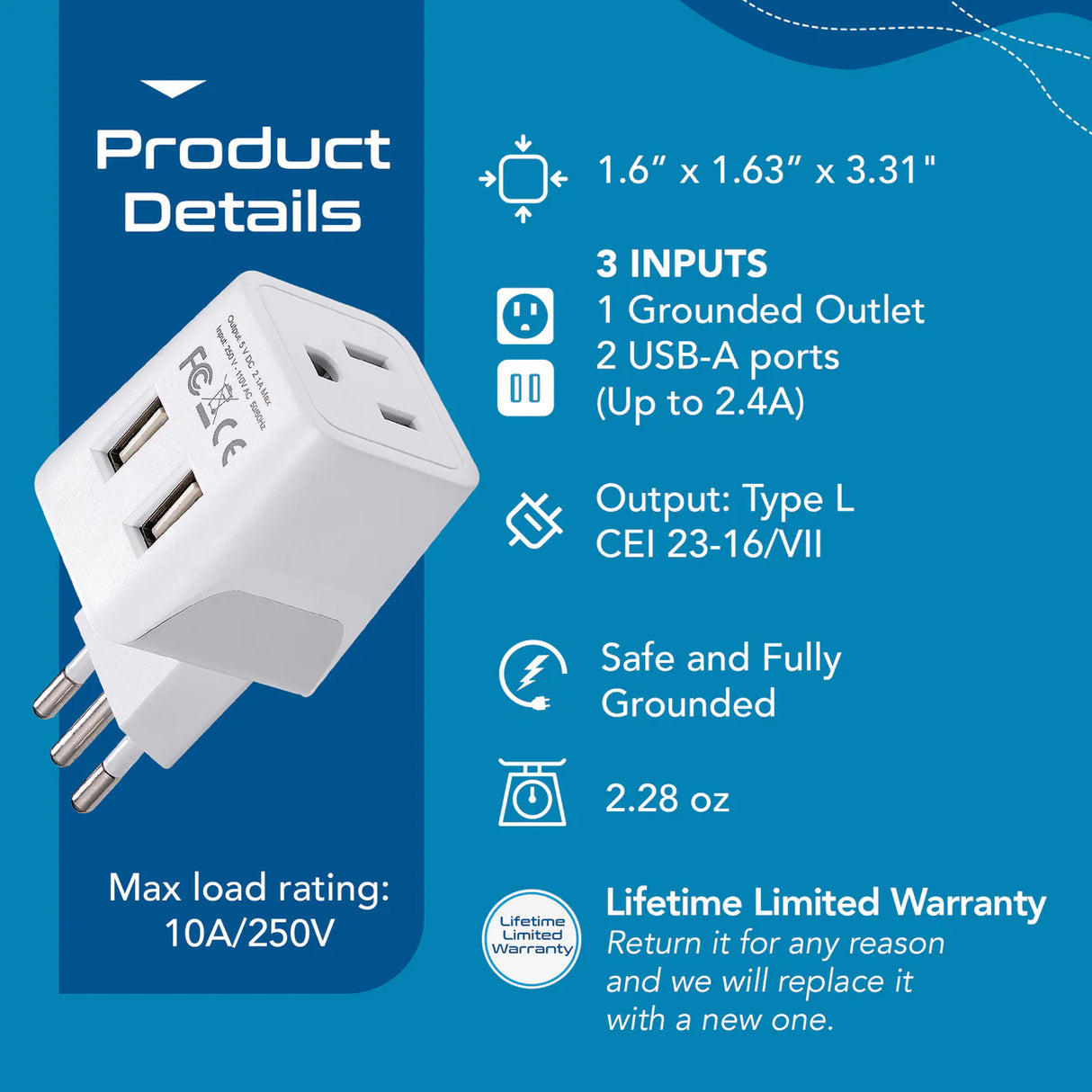 Ceptics Italy Travel Plug Adapter Type L - Dual USB