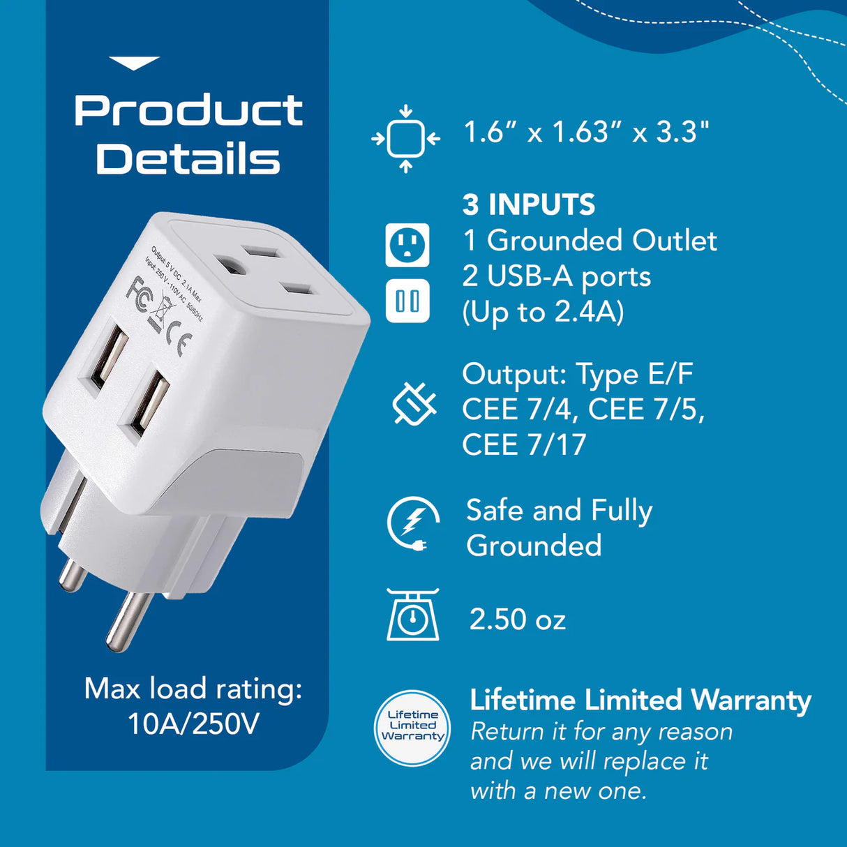 Ceptics Europe "Schuko" Travel Adapter - Type E/F - Dual USB