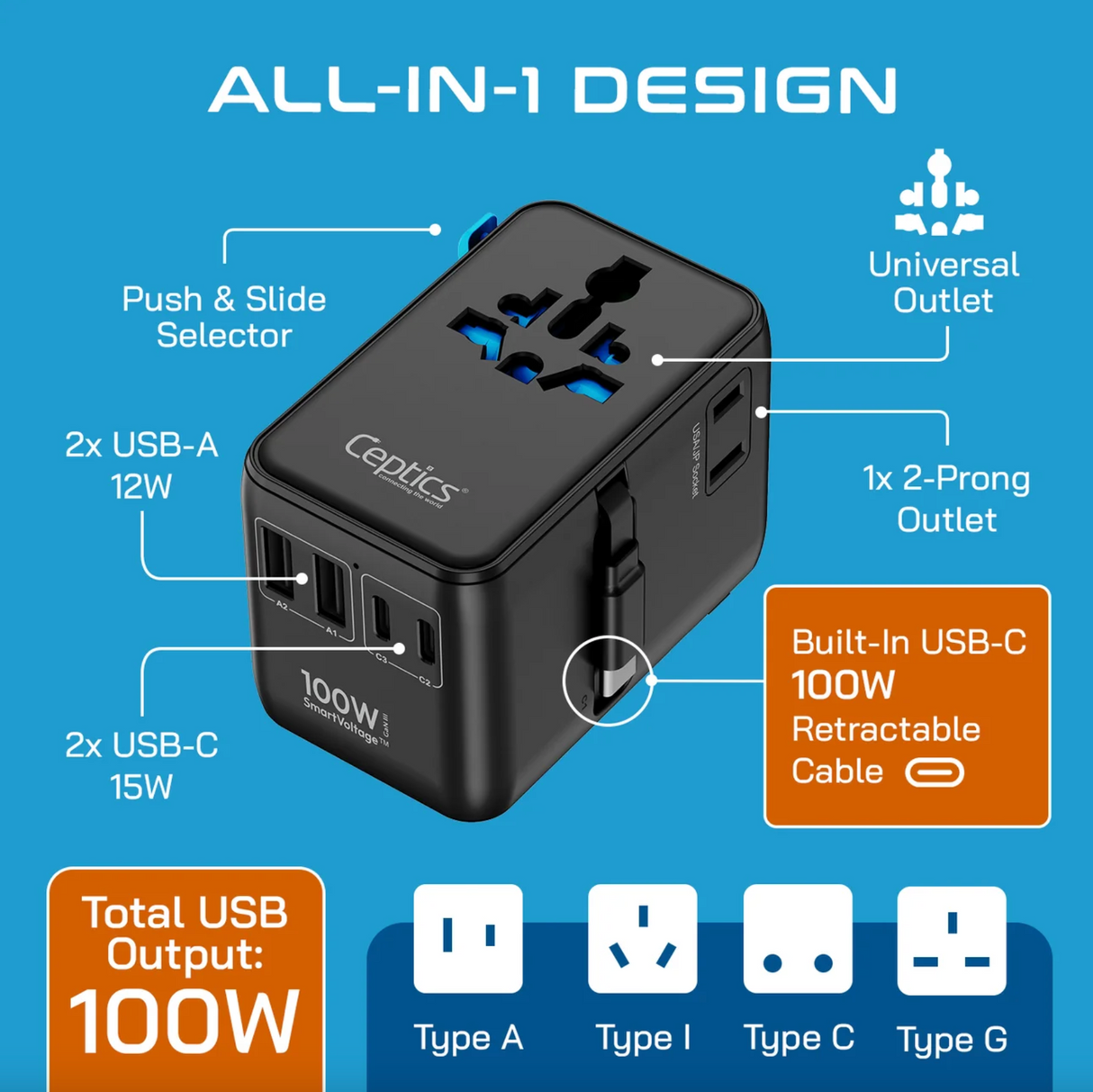 Ceptics 100W Universal Travel Adapter