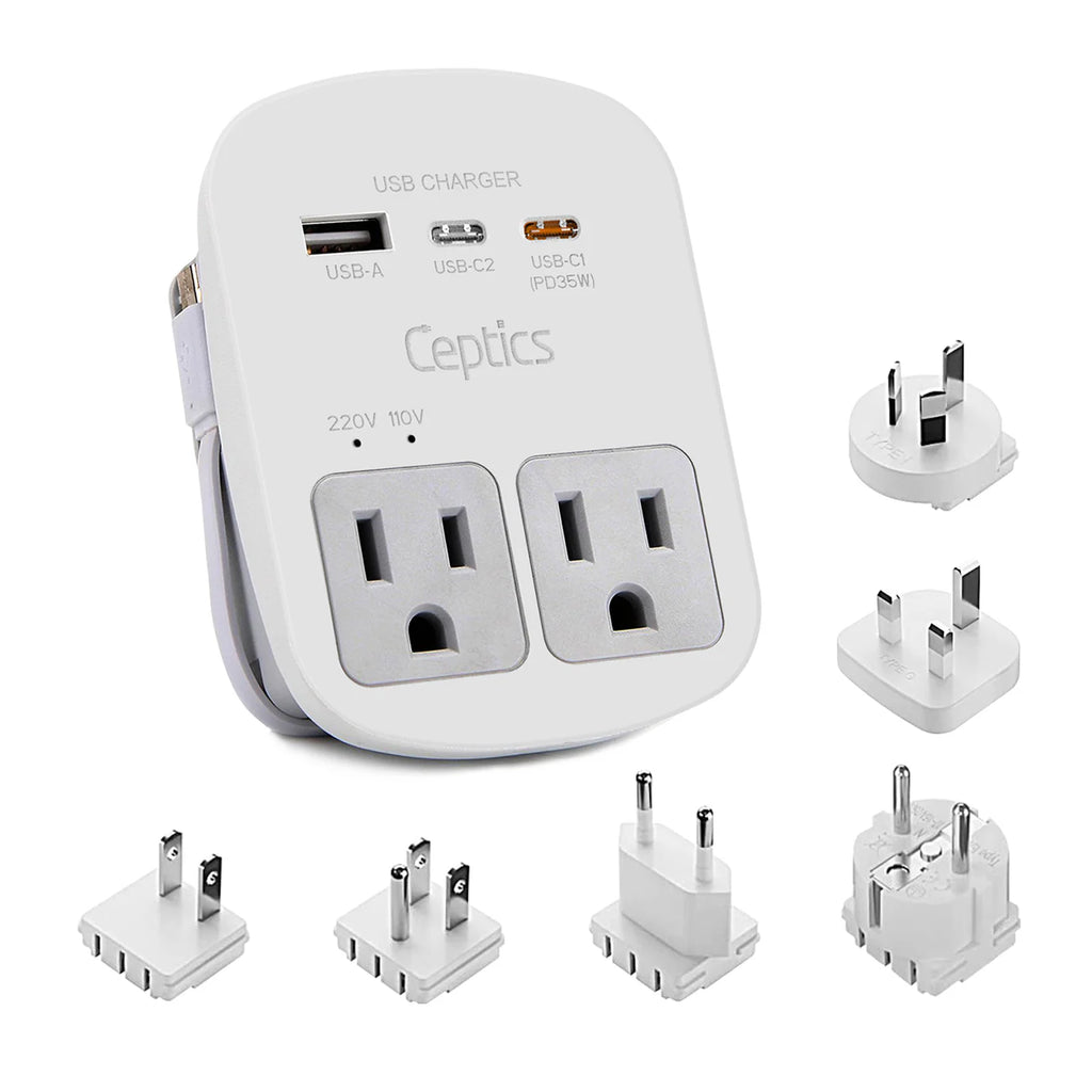 Ceptics World Way Travel Adapter Kit - 1 USB-A, 1 USB-C and 1 PD 35W USB-C Port and Cable