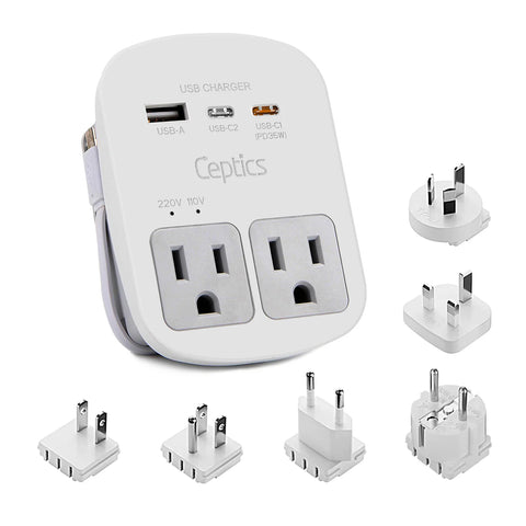 Ceptics World Way Travel Adapter Kit - 1 USB-A, 1 USB-C and 1 PD 35W USB-C Port and Cable