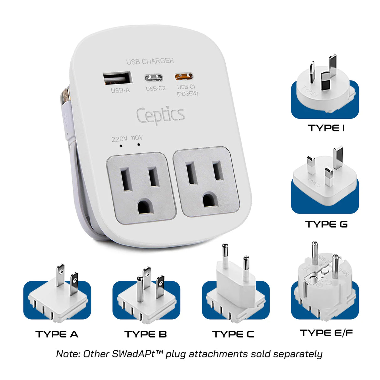 Ceptics World Way Travel Adapter Kit - 1 USB-A, 1 USB-C and 1 PD 35W USB-C Port and Cable
