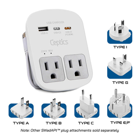 Ceptics World Way Travel Adapter Kit - 1 USB-A, 1 USB-C and 1 PD 35W USB-C Port and Cable