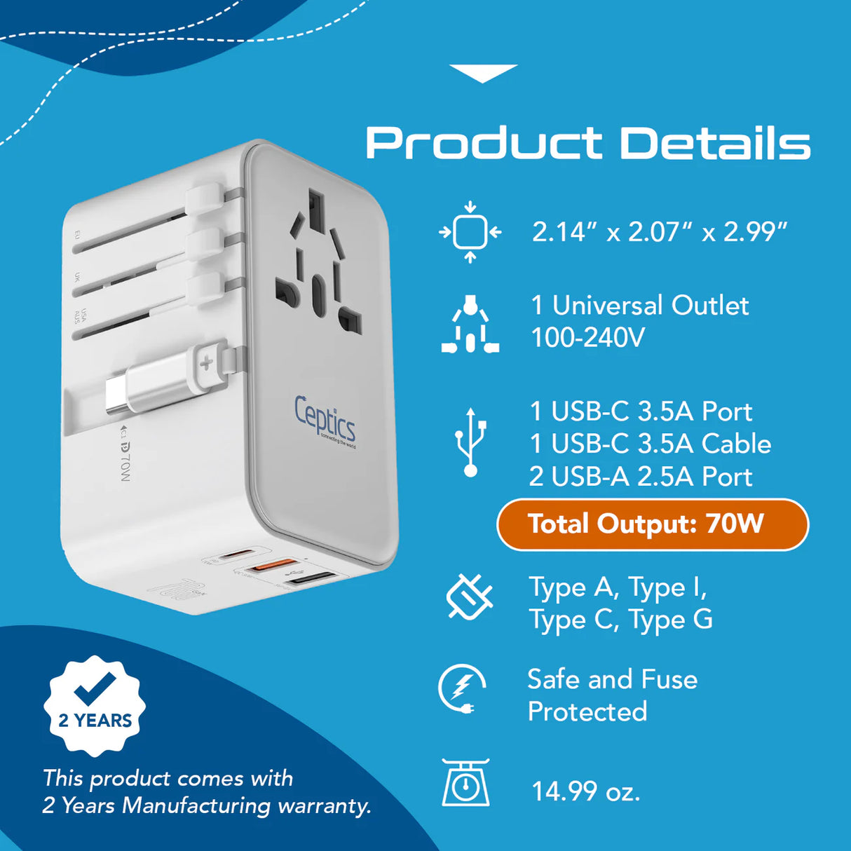 Ceptics 70W Universal Travel Adapter - 5 in 1