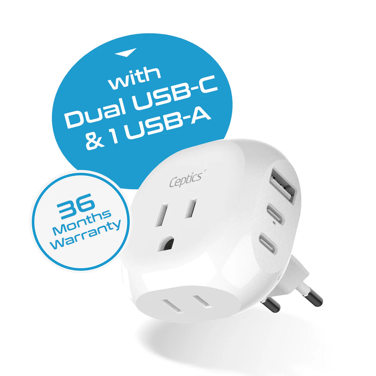 Ceptics European Travel Plug Adapter - Type C - 5 in 1