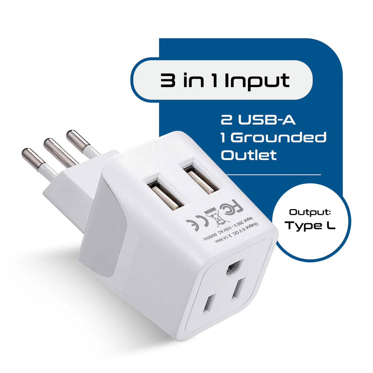 Ceptics Italy Travel Plug Adapter Type L - Dual USB
