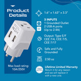 Ceptics Europe "Schuko" Travel Adapter - Type E/F - Dual USB
