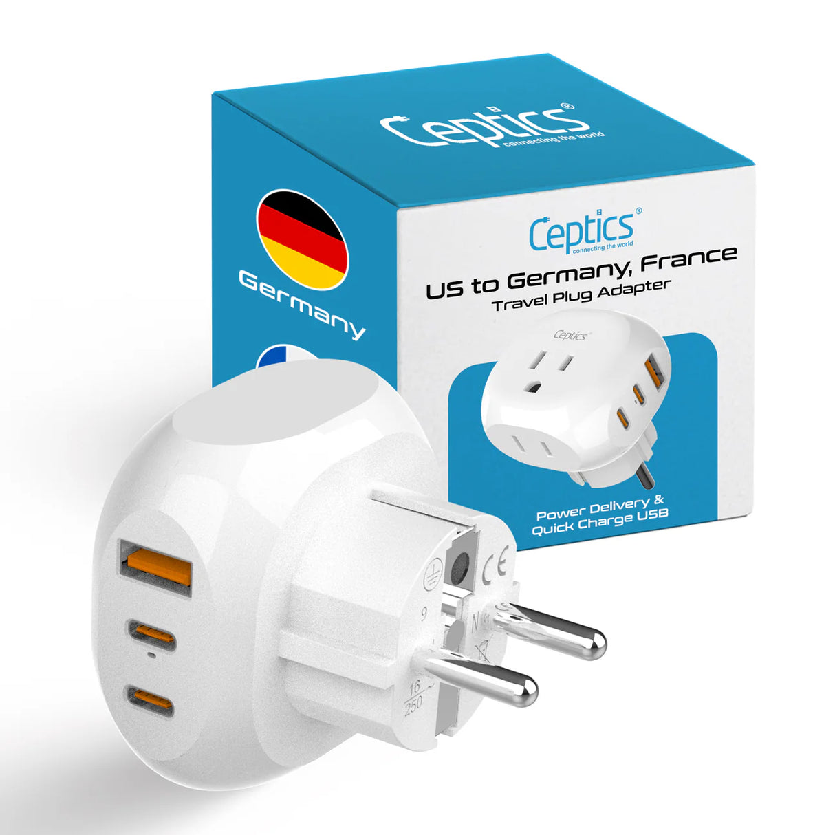 Ceptics European "Schuko" Ultra Combact Grounded Travel Plug Adaptor-5 In 1