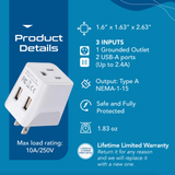 Ceptics Japan, Philippines Travel Adapter - Type A - Dual USB