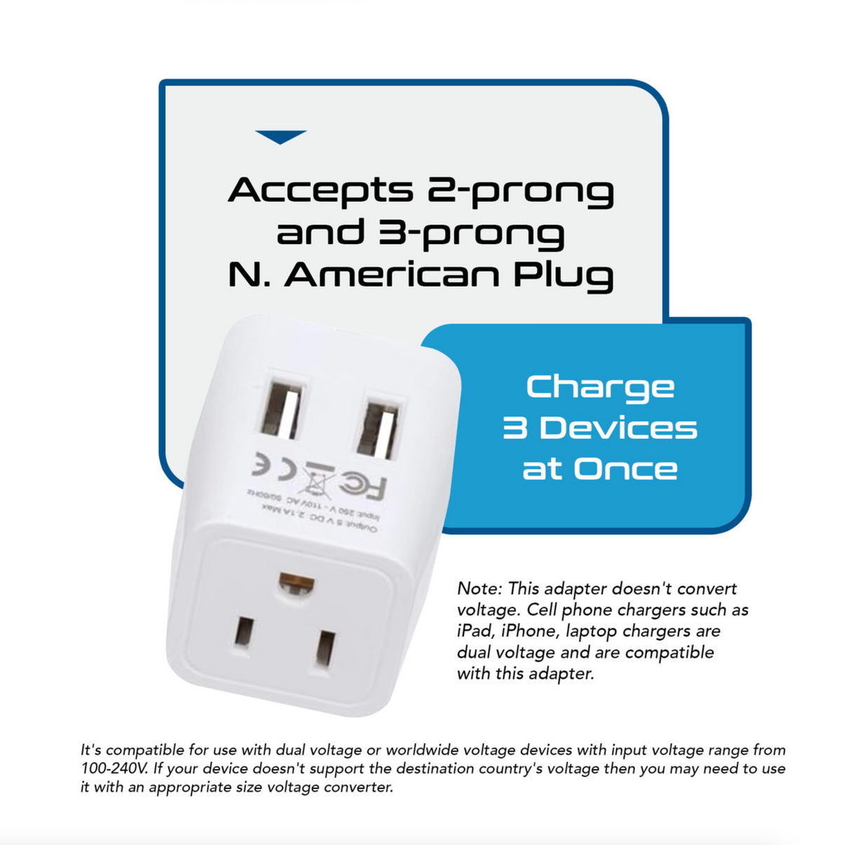 Ceptics Japan, Philippines Travel Adapter - Type A - Dual USB