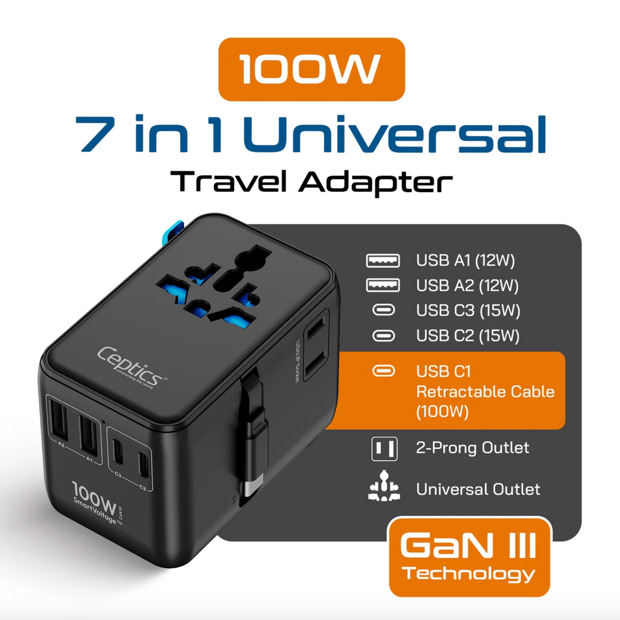Ceptics 100W Universal Travel Adapter