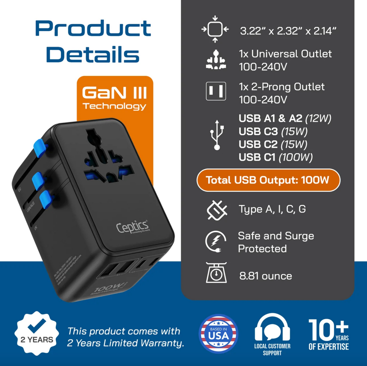 Ceptics 100W Universal Travel Adapter
