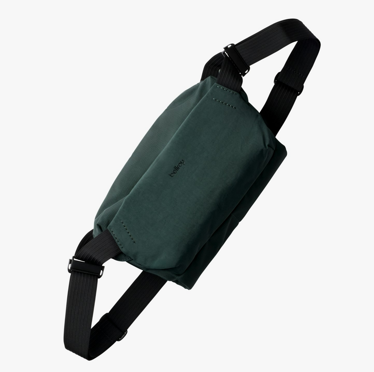 Green shoulder bag with black straps on a white background