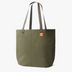 Green tote bag with brown handles on a white background