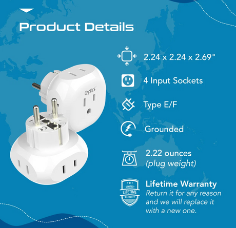 Ceptics European Schuko Travel Plug Adapter - 4 in 1 Adapter
