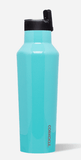 gloss turquoise corkcicle canteen with straw flipped up