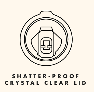 graphic showing shatter proof crystal clear lid